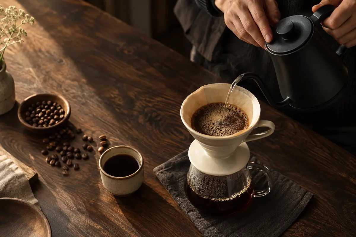 Preparo de café coado com chaleira e filtro